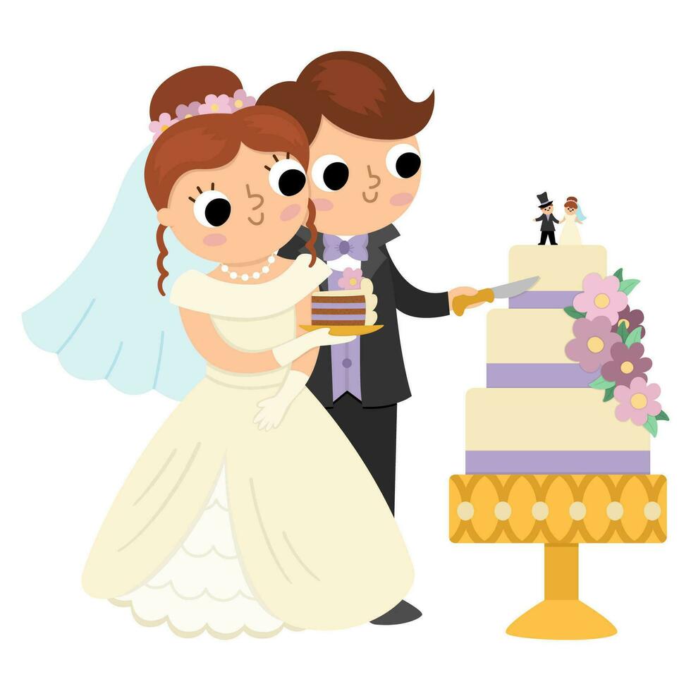 Vector illustration with bride and groom cutting the cake. Cute just married couple. Wedding ceremony icon. Cartoon marriage scene with newly married couple and the first piece of dessert