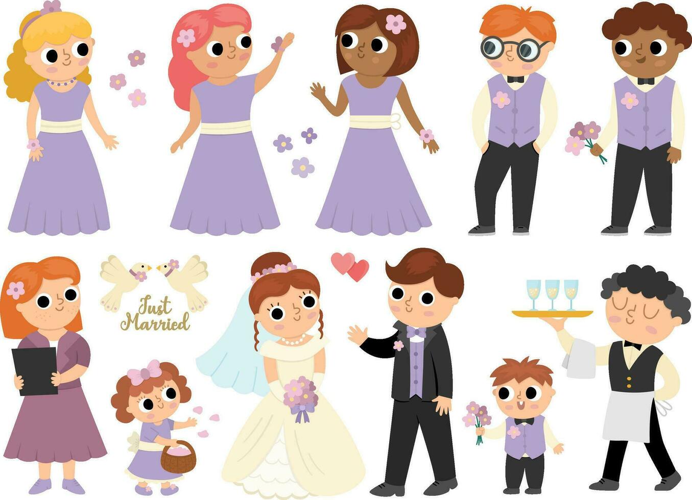 Vector set with bride, groom and their guests. Cute just married couple with bridesmaids, bridegrooms, children, waiter, registrar. Wedding ceremony illustration. Cartoon marriage people