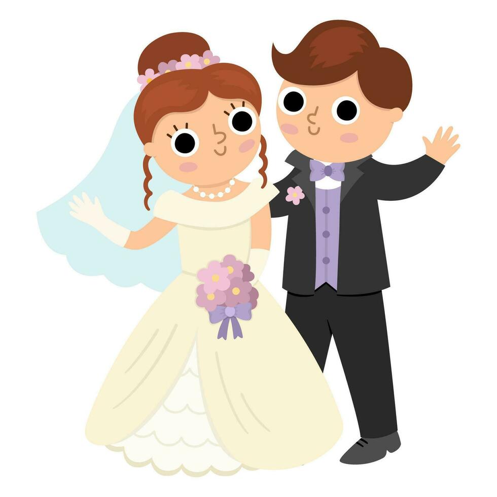 Vector illustration with bride and groom waving hands. Cute just married couple. Wedding ceremony icon. Cartoon marriage scene with newly married smiling couple greeting guests