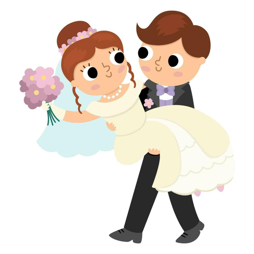 Vector illustration with groom carrying bride on his hands. Cute just married couple. Wedding ceremony icon. Cartoon marriage scene with newly married couple