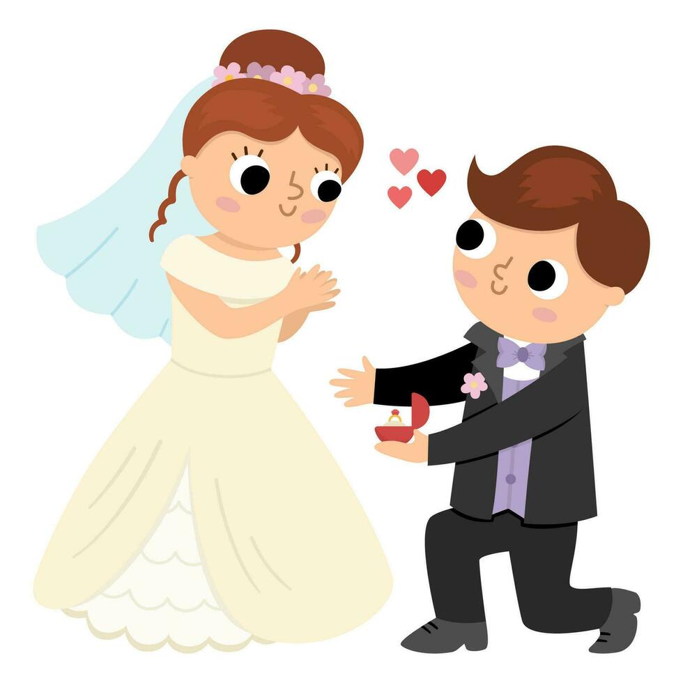 Vector illustration with groom giving the ring to the bride. Cute just married couple. Wedding ceremony icon. Cartoon marriage scene with newly married couple and proposal