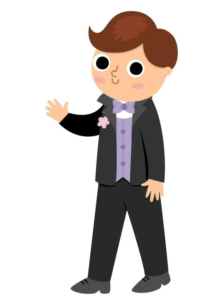 Vector groom illustration. Cute just married boy. Wedding ceremony icon. Cartoon marriage scene with newly married man. Cute gentleman in black suit with bow tie, vest, buttonhole with flower