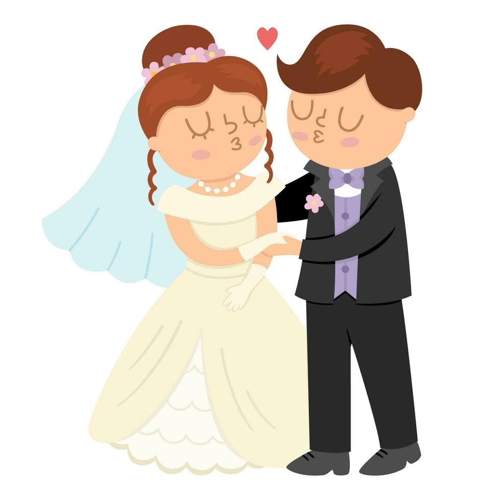 Vector illustration with kissing bride and groom. Cute just married couple. Wedding ceremony icon. Cartoon marriage scene with newly married couple and their first kiss