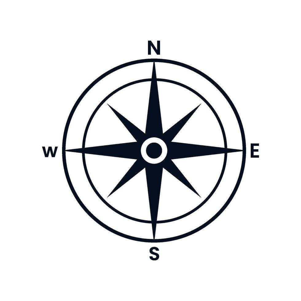 Vintage compass rose, nautical chart. Monochrome navigational compass with cardinal directions of North, East, South, West. Geographical position, cartography and navigation. Vector illustration.