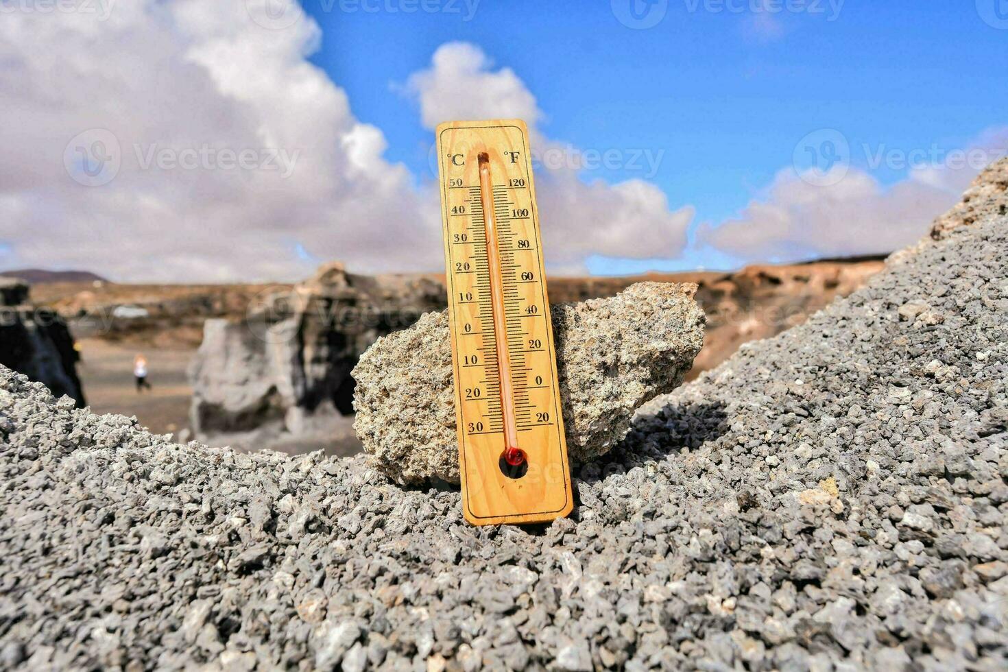 a thermometer is sitting on top of a rock photo