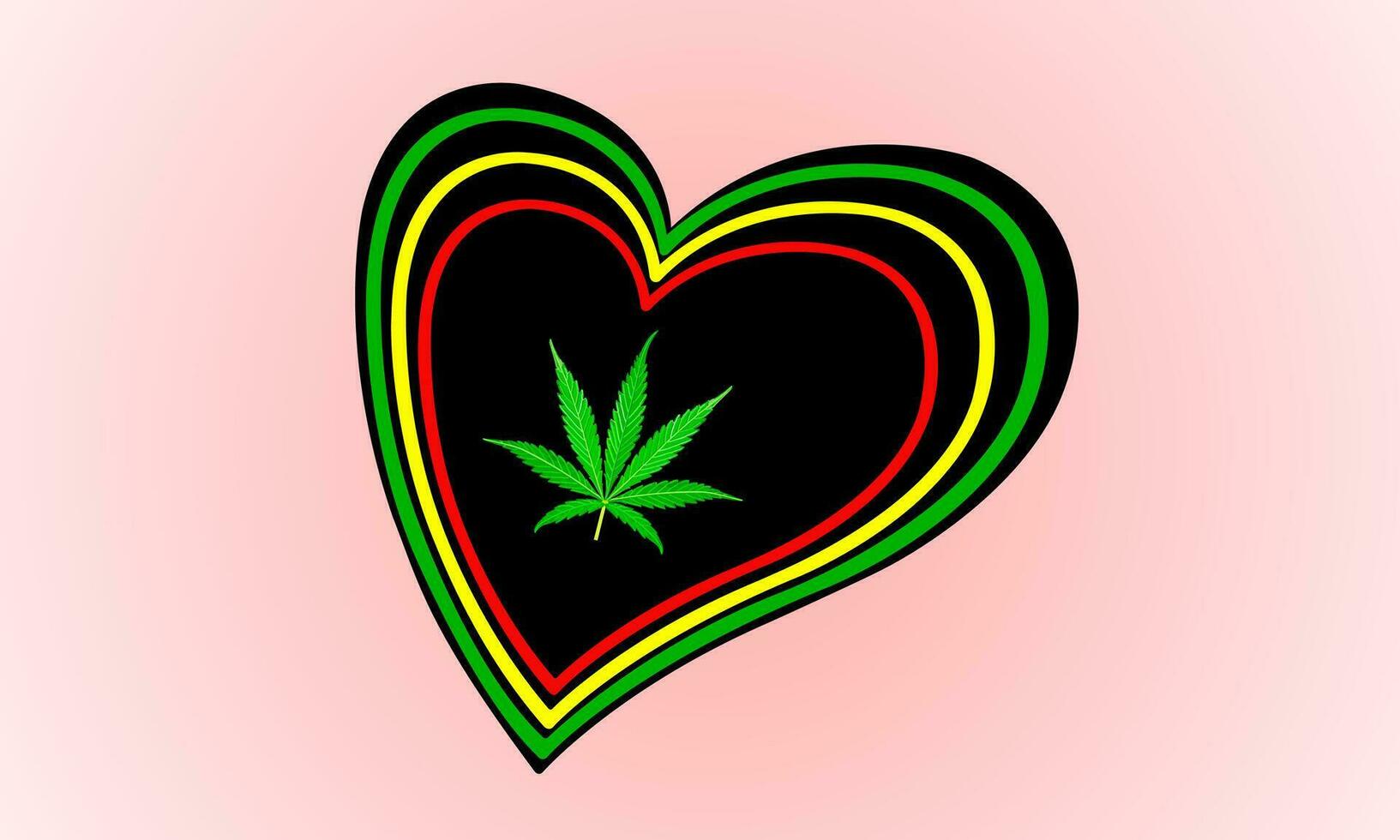 Herbal logo green cannabis leaf on heart shape. Green, yellow, red heart lines on black hearts. vector