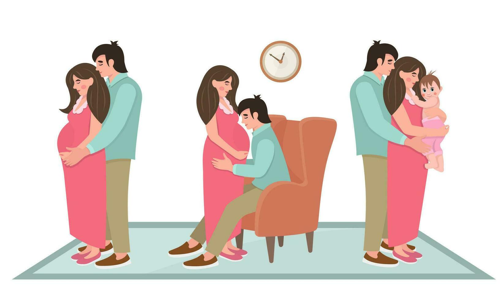 Flat illustration about pregnancy and childbirth. Young pregnant woman with her husband. A man kisses and hugs his wife. Pregnancy and newborn. Dad and mom with a child. Healthy happy pregnancy. vector