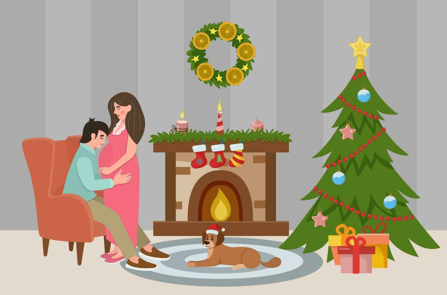 Christmas room interior. The concept of a holiday, Christmas and New Year. Pregnancy at Christmas. Christmas tree and decorations, couple in love. Dog by the fireplace. Vector illustration.