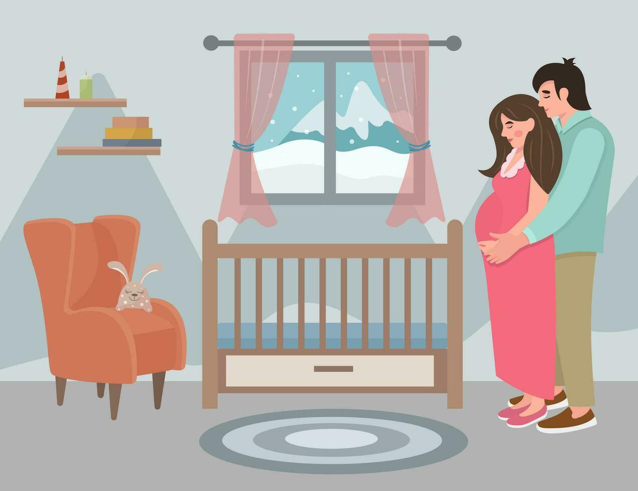 embarazada mujer a el cuna. Pareja en amor. Navidad y nuevo año. para niños dormitorio con un cuna, libros, un sillón. ventana con un hermosa invierno vista. interior concepto. familia concepto. vector