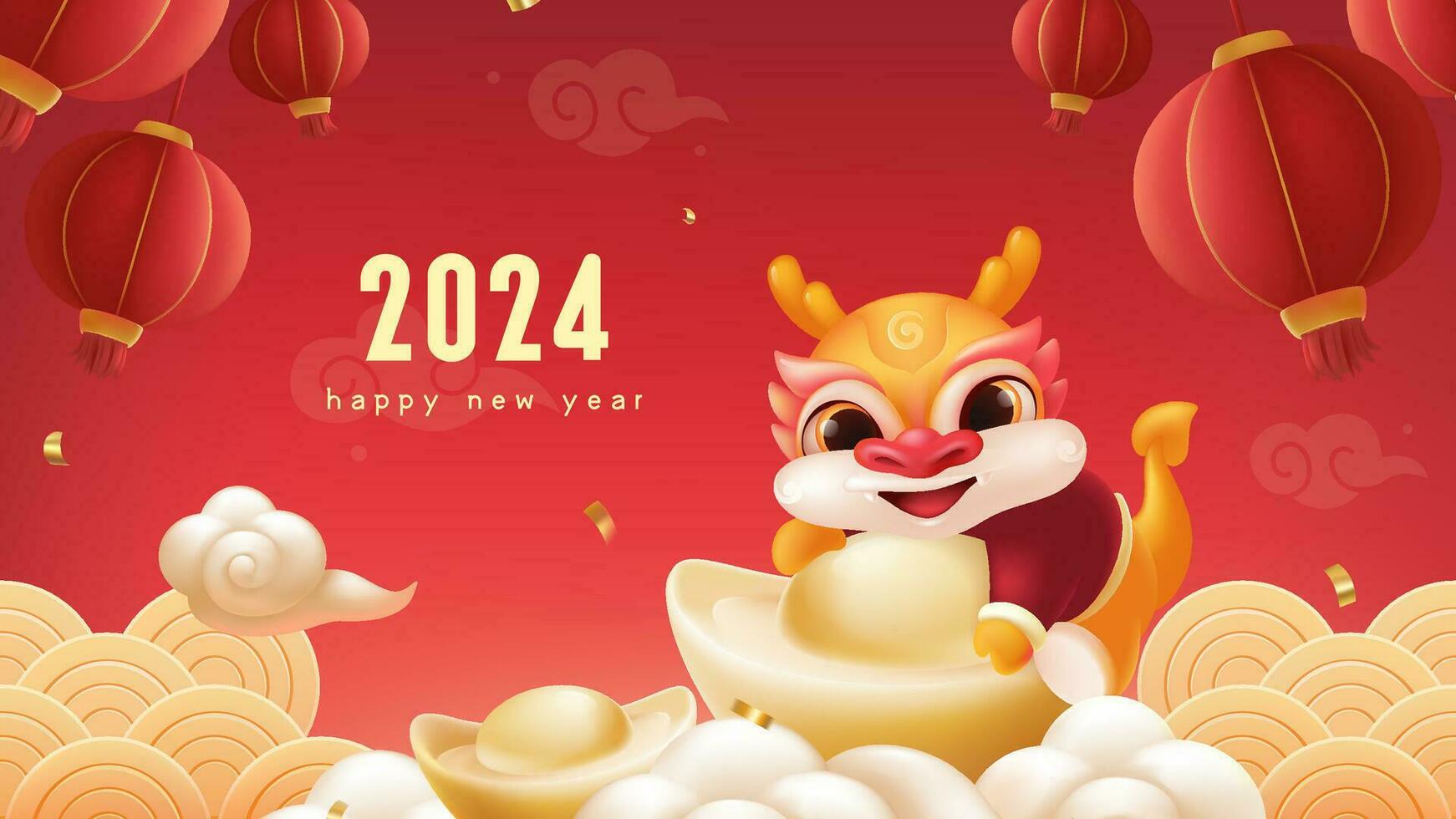 Spring Festival background design a lovely dragon holding a gold ingot vector