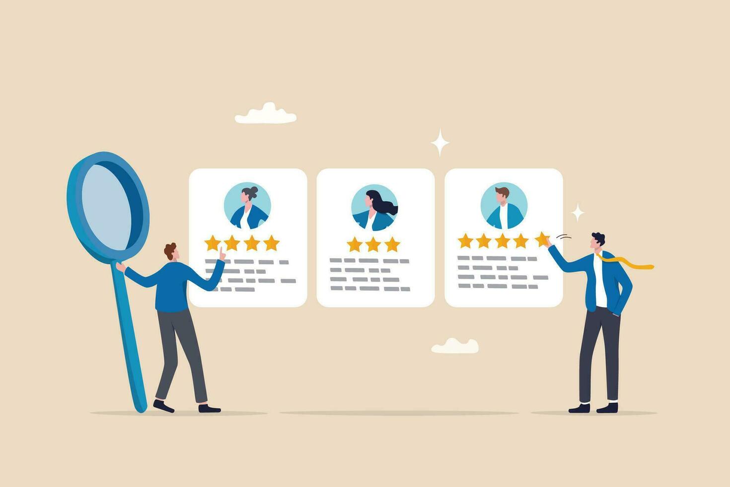 Performance management employee evaluation review, yearly appraisal or staff career development, employee measurement concept, businessman manager giving stars review on performance management. vector