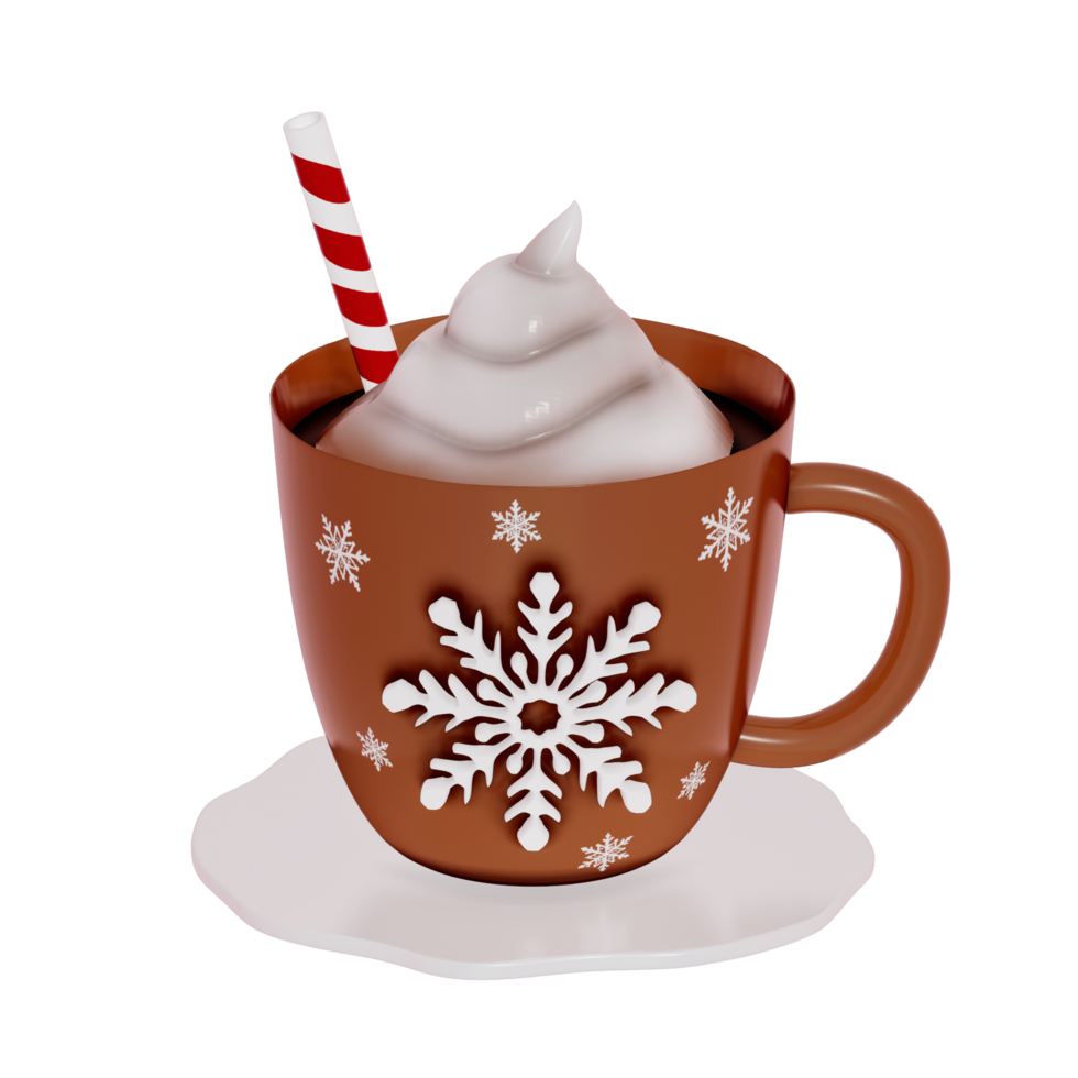 Christmas Dessert 3D , hot chocolate with whipped cream Clipart on Transparent background . 3D Rendering png