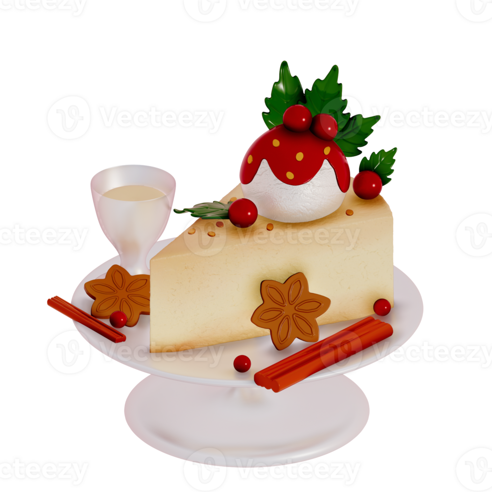 Christmas Dessert 3D , Eggnog Cheesecake, Smooth and creamy cheesecake with berries and ice cream with Strawberry sauce on top . 3D Rendering png