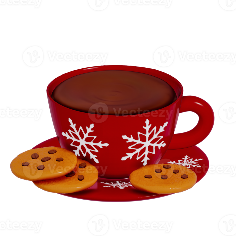 Christmas Dessert 3D , A red coffee cup and cookies on Transparent background . 3D Rendering png