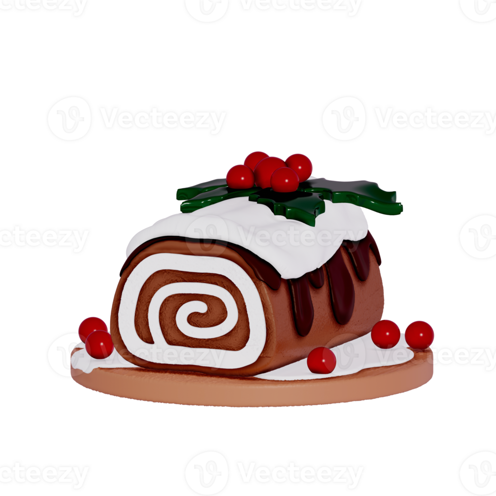 Christmas Dessert 3D , a delicious yule log cake, with chocolate frosting on Transparent background . 3D Rendering png