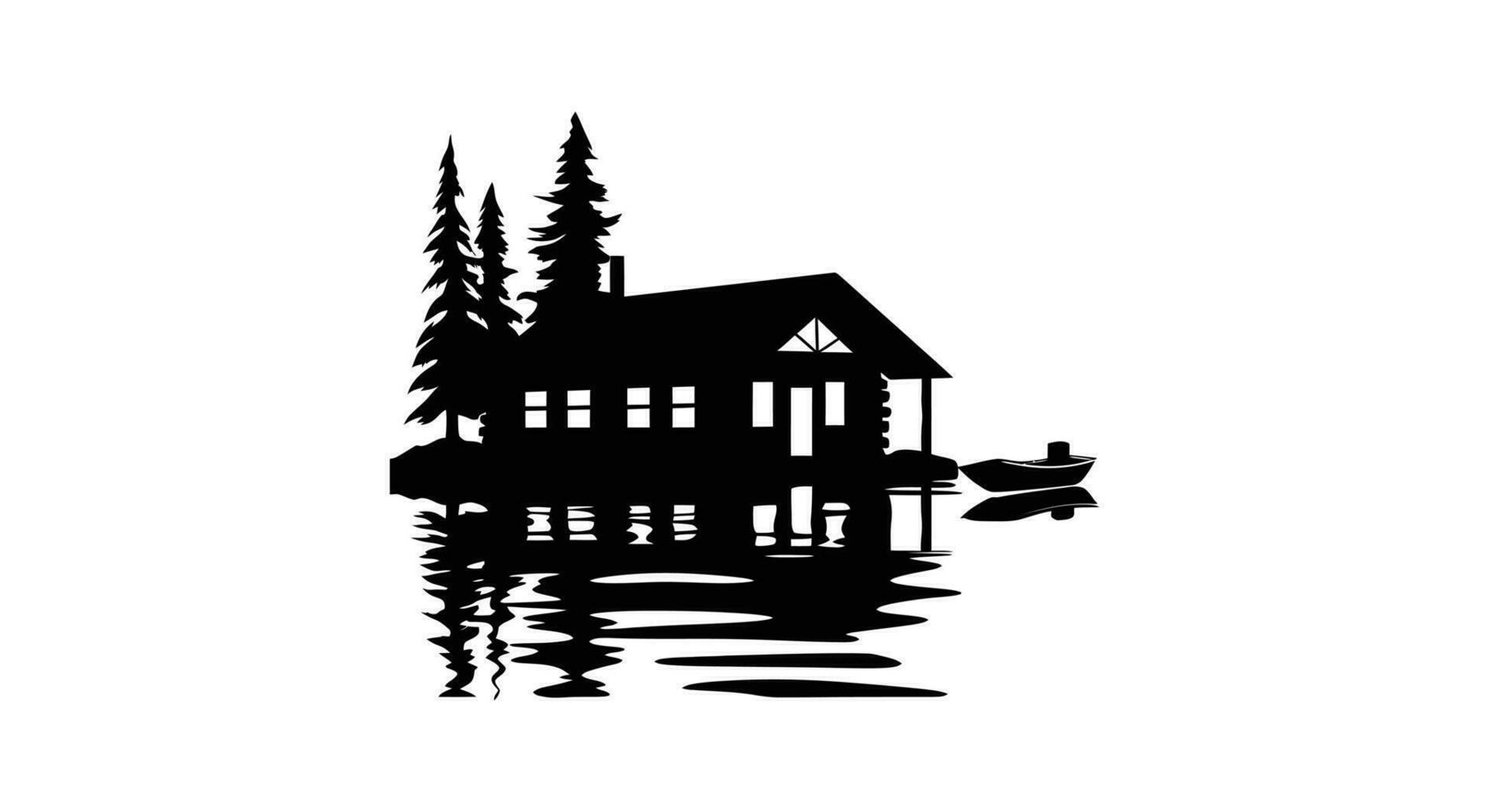 Soothing Lakeside Shadows Cabin Silhouette vector