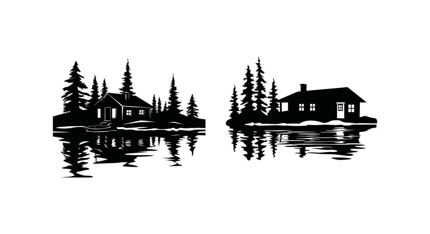 Lakeside Hideaway Silhouetted Cabin vector