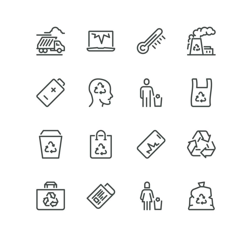 Set of garbage related icons, aluminium, cardboard, organic waste, recycle plant, plastic and linear variety vectors. vector