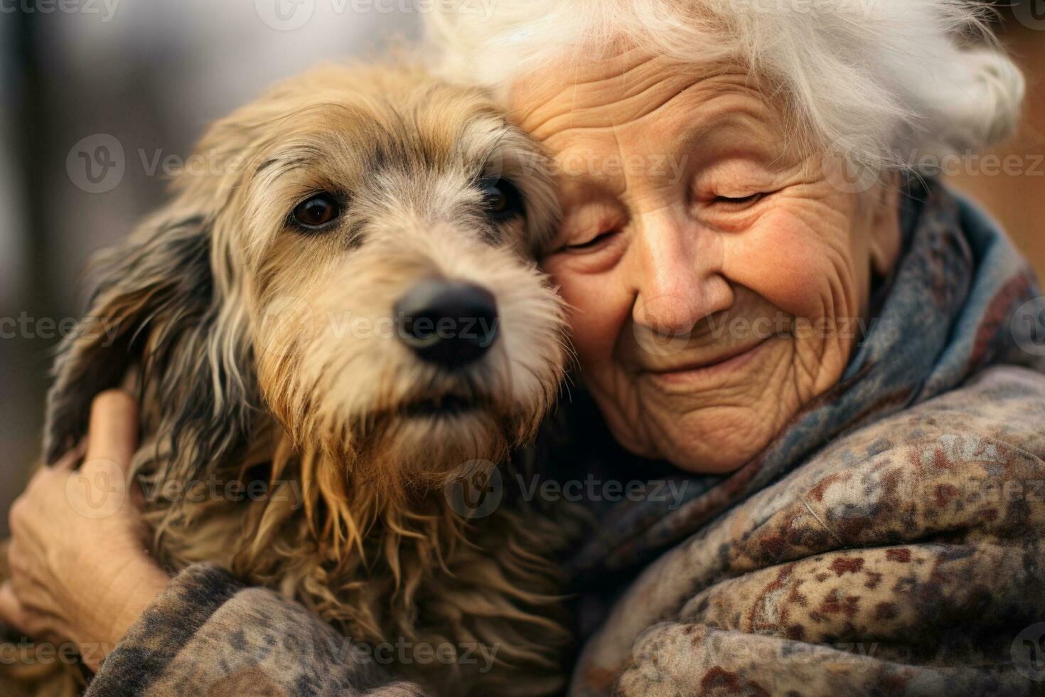 close up of old woman hugging her dog bokeh style background with Generative AI photo