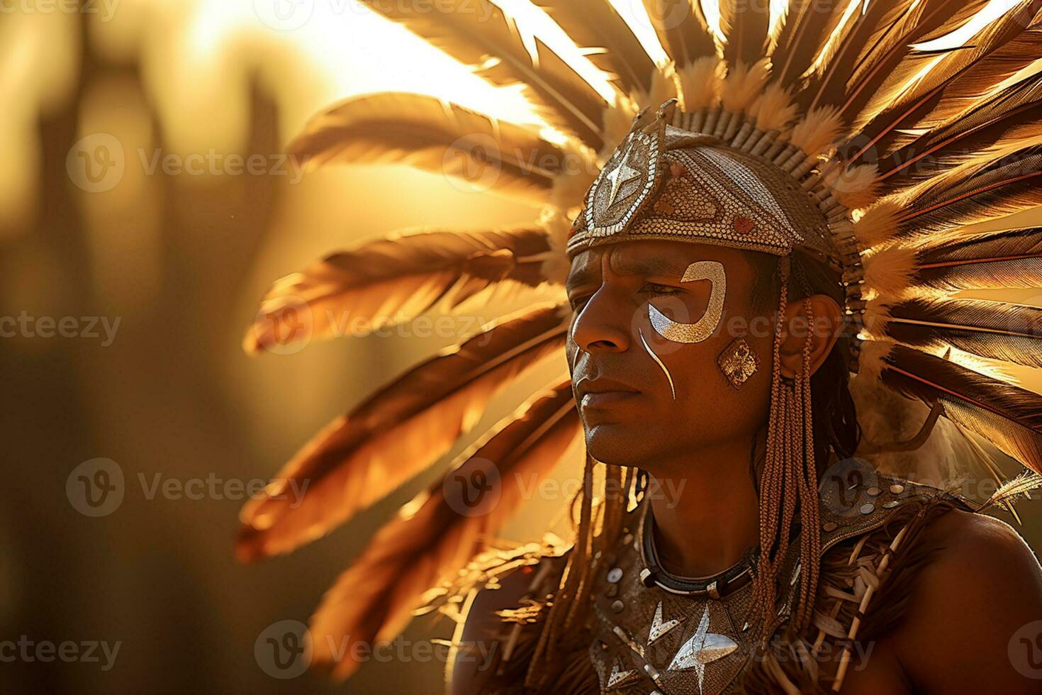 native american man wearing native dress in front of sunset bokeh style background with Generative AI photo