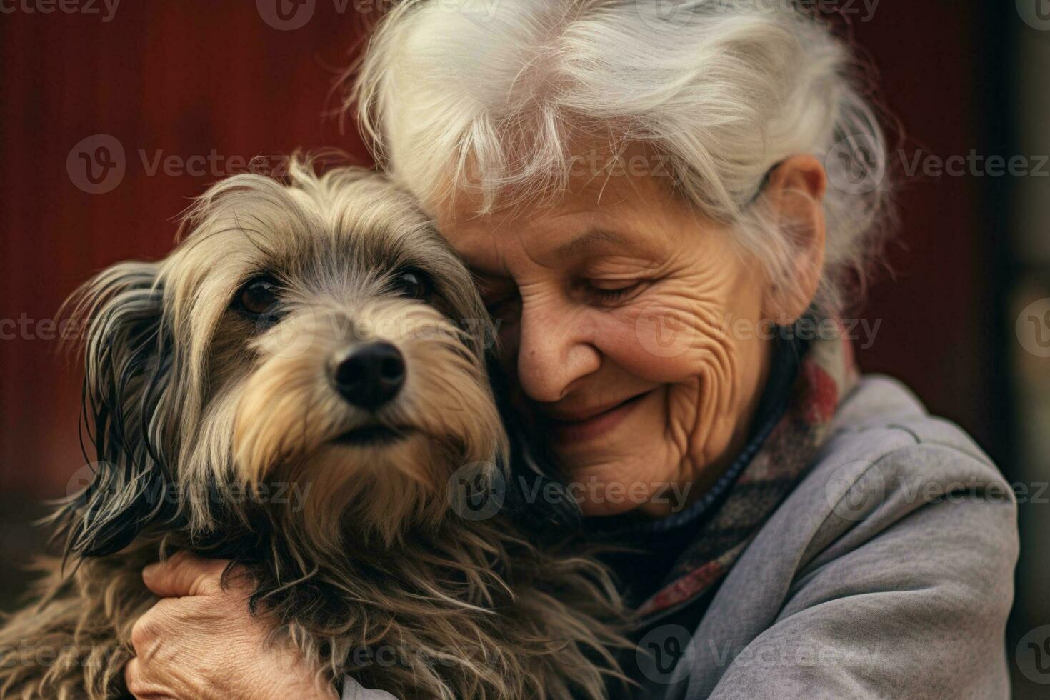 close up of old woman hugging her dog bokeh style background with Generative AI photo