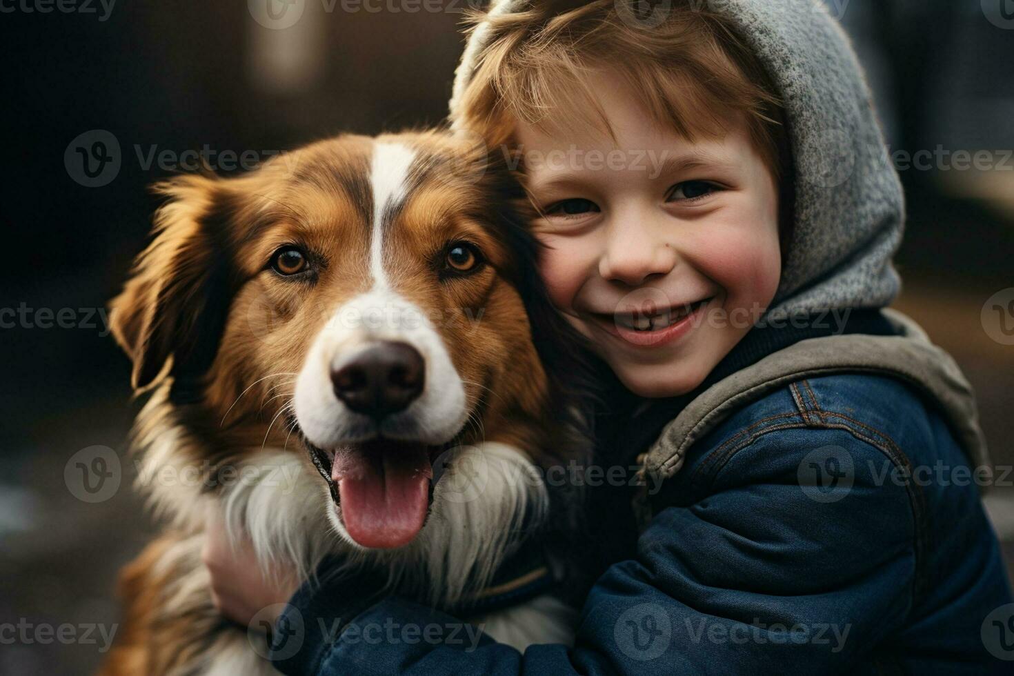 close up of young boy hugging his dog bokeh style background with Generative AI photo