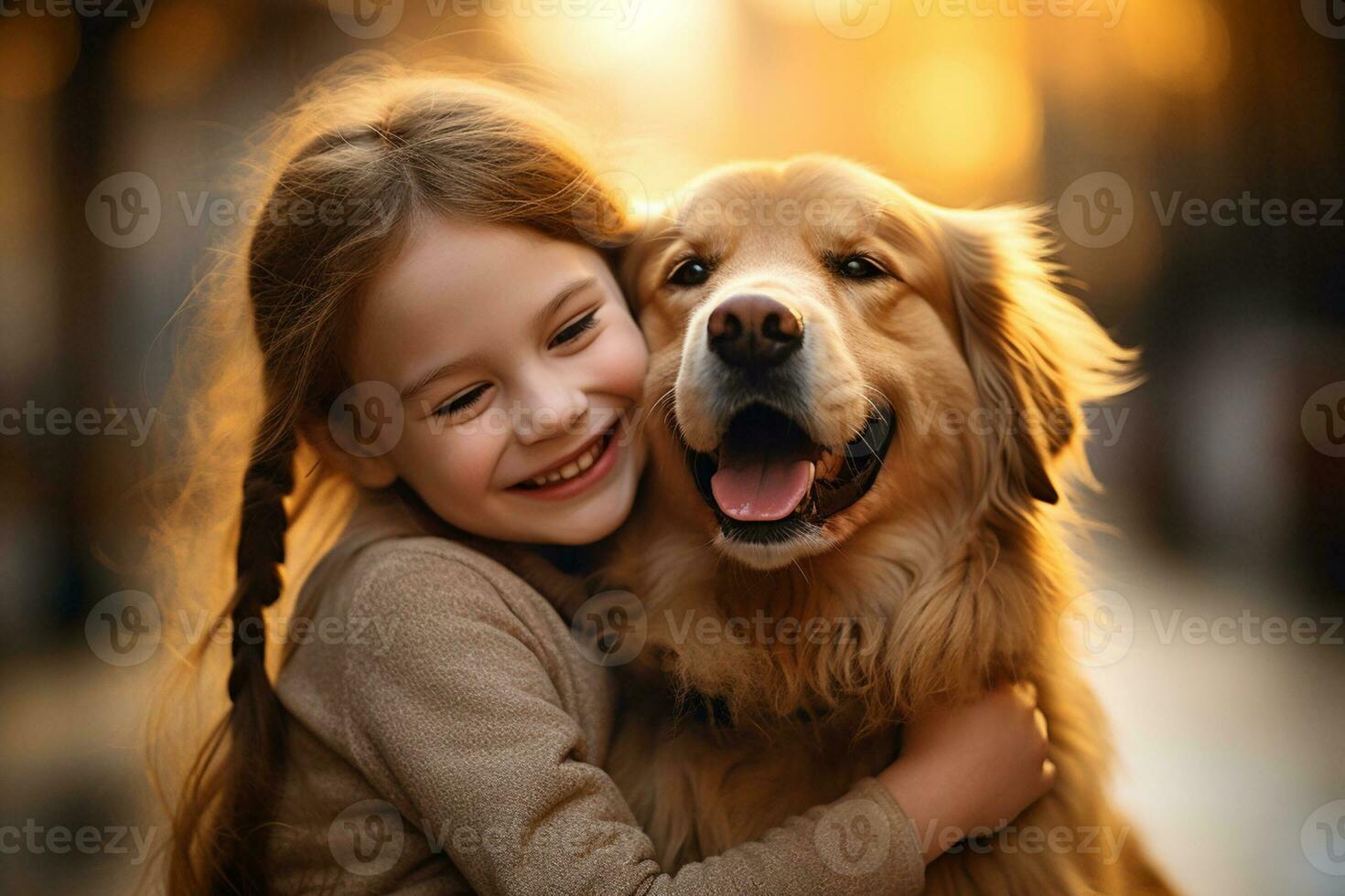 close up of young girl hugging her dog bokeh style background with Generative AI photo