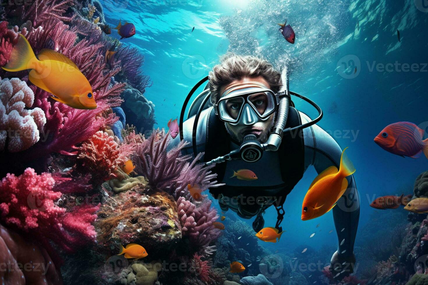 scuba diver diving looking at coral reefs bokeh style background with Generative AI photo