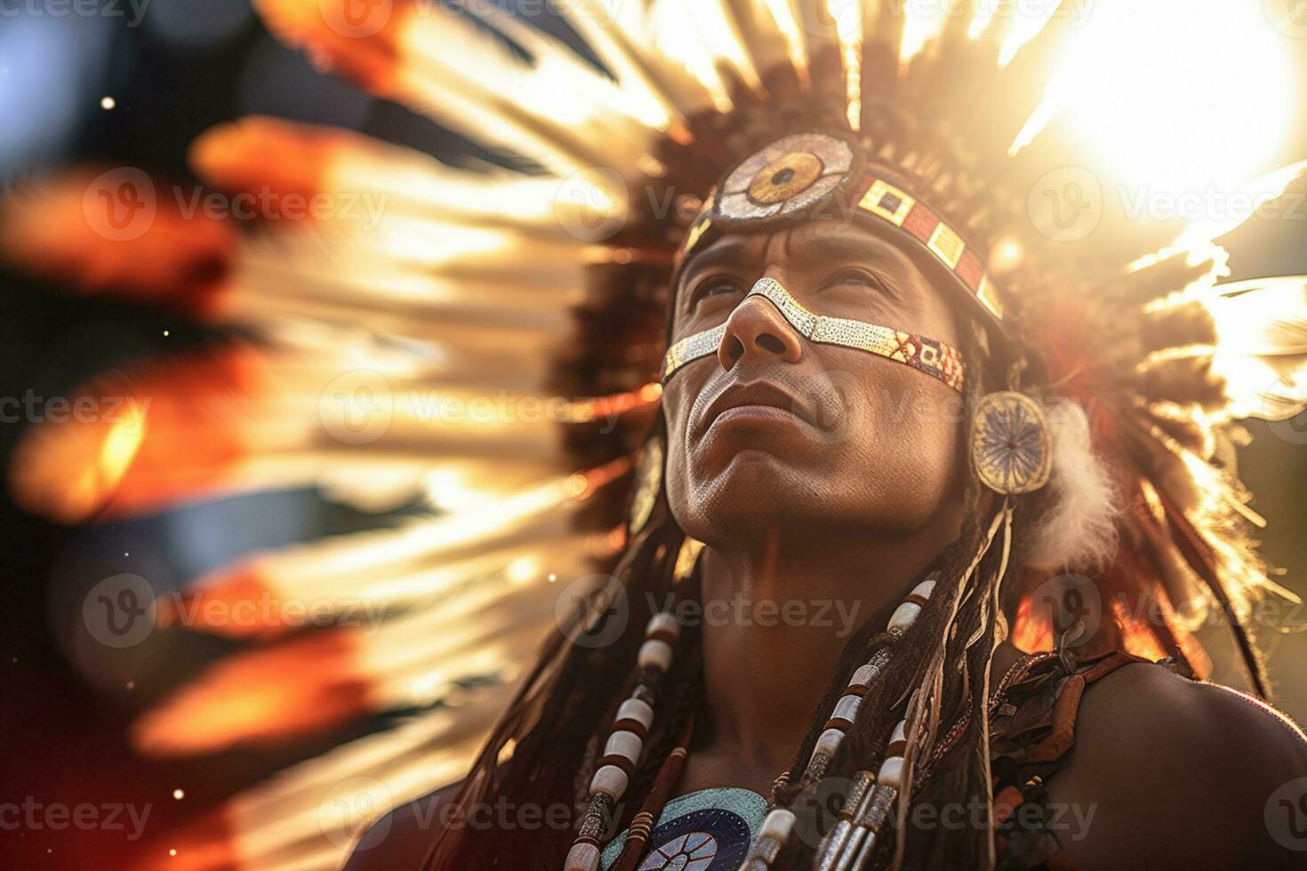 native american man wearing native dress in front of sunset bokeh style background with Generative AI photo