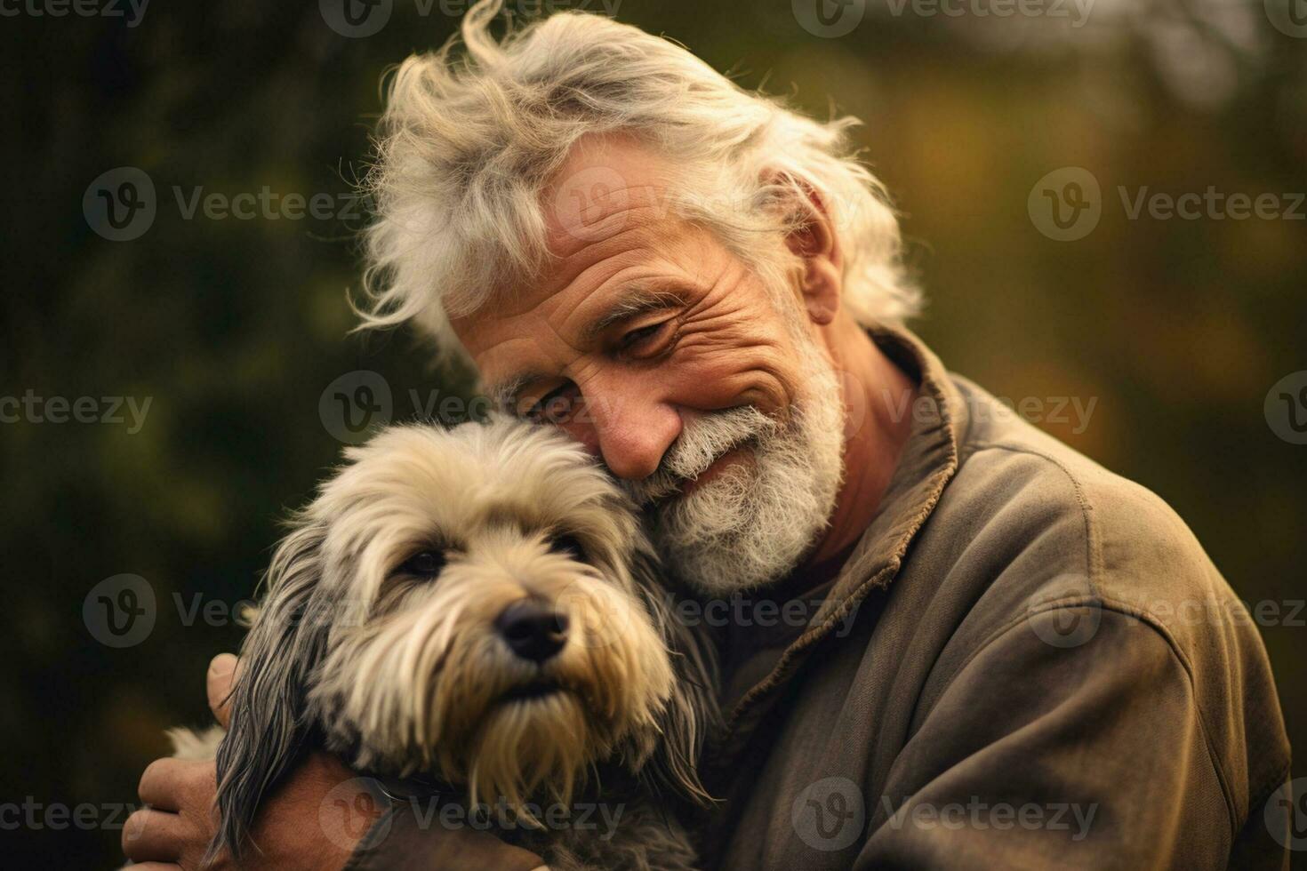 close up of old man hugging his dog bokeh style background with Generative AI photo