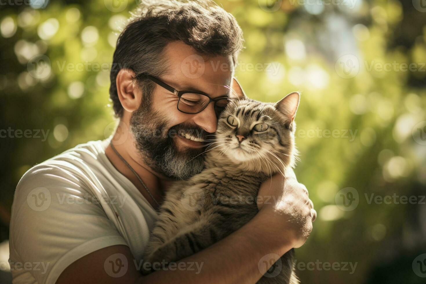 close up of a man hugging his cat bokeh style background with Generative AI photo