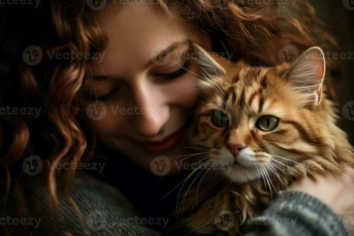 close up of a woman hugging her cat bokeh style background with Generative AI photo