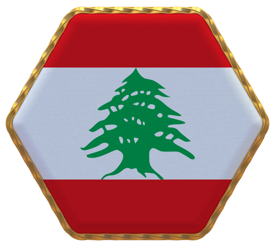 Lebanon Flag in Hexagon Shape with Gold Border, Bump Texture, 3D Rendering png