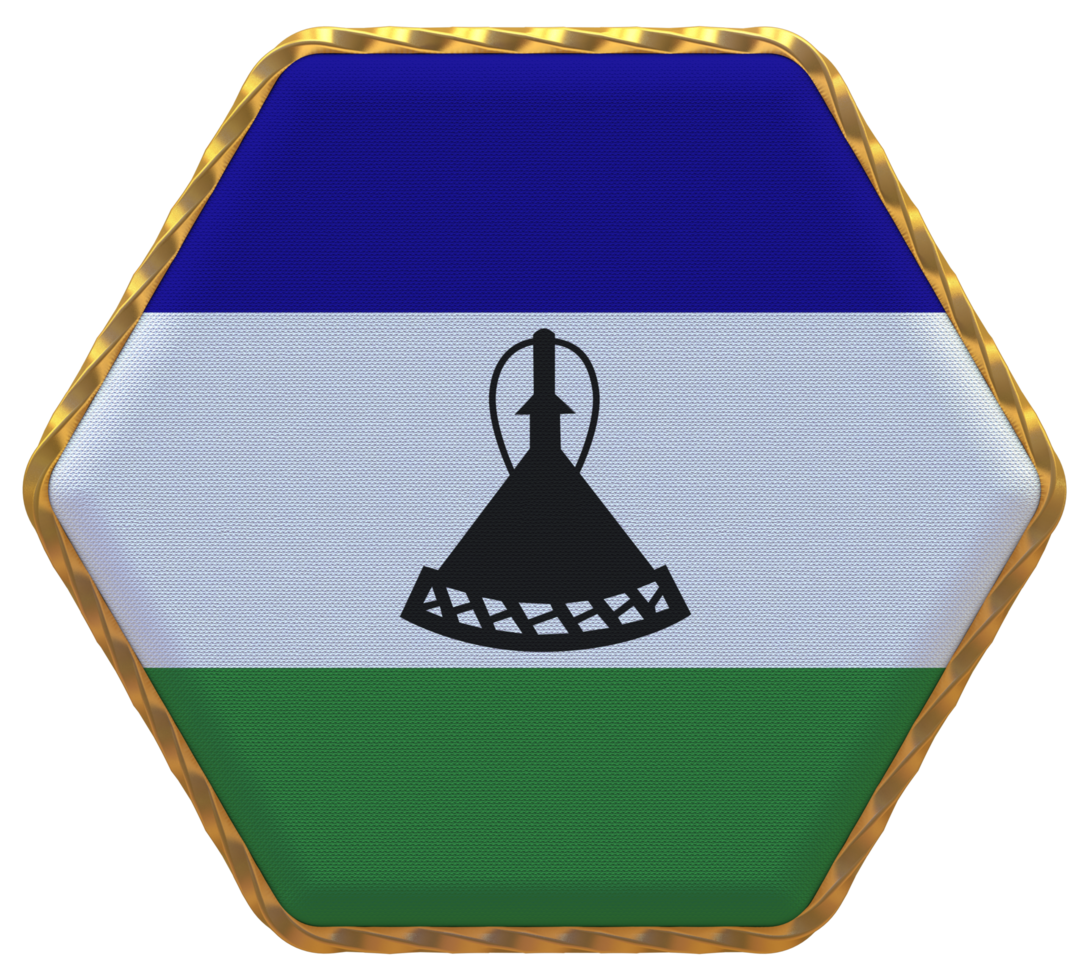 Lesotho Flag in Hexagon Shape with Gold Border, Bump Texture, 3D Rendering png