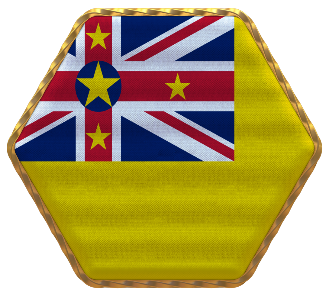 Niue Islands Flag in Hexagon Shape with Gold Border, Bump Texture, 3D Rendering png