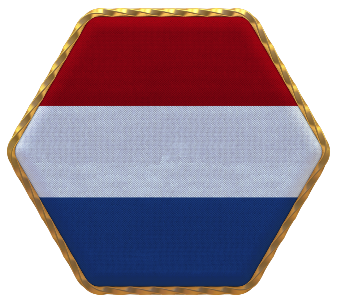 Netherlands Flag in Hexagon Shape with Gold Border, Bump Texture, 3D Rendering png