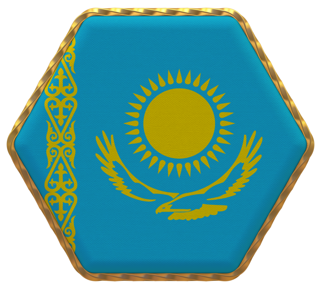 Kazakhstan Flag in Hexagon Shape with Gold Border, Bump Texture, 3D Rendering png