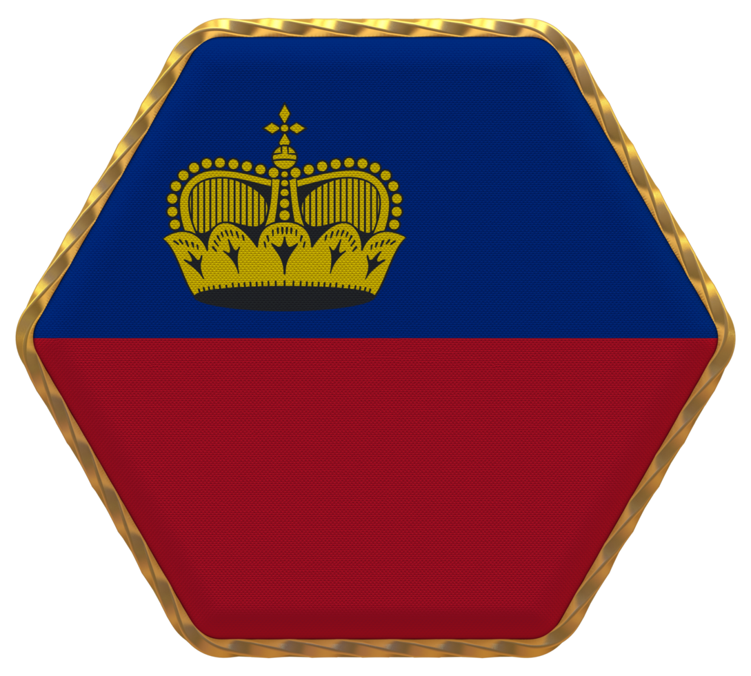 Liechtenstein Flag in Hexagon Shape with Gold Border, Bump Texture, 3D Rendering png