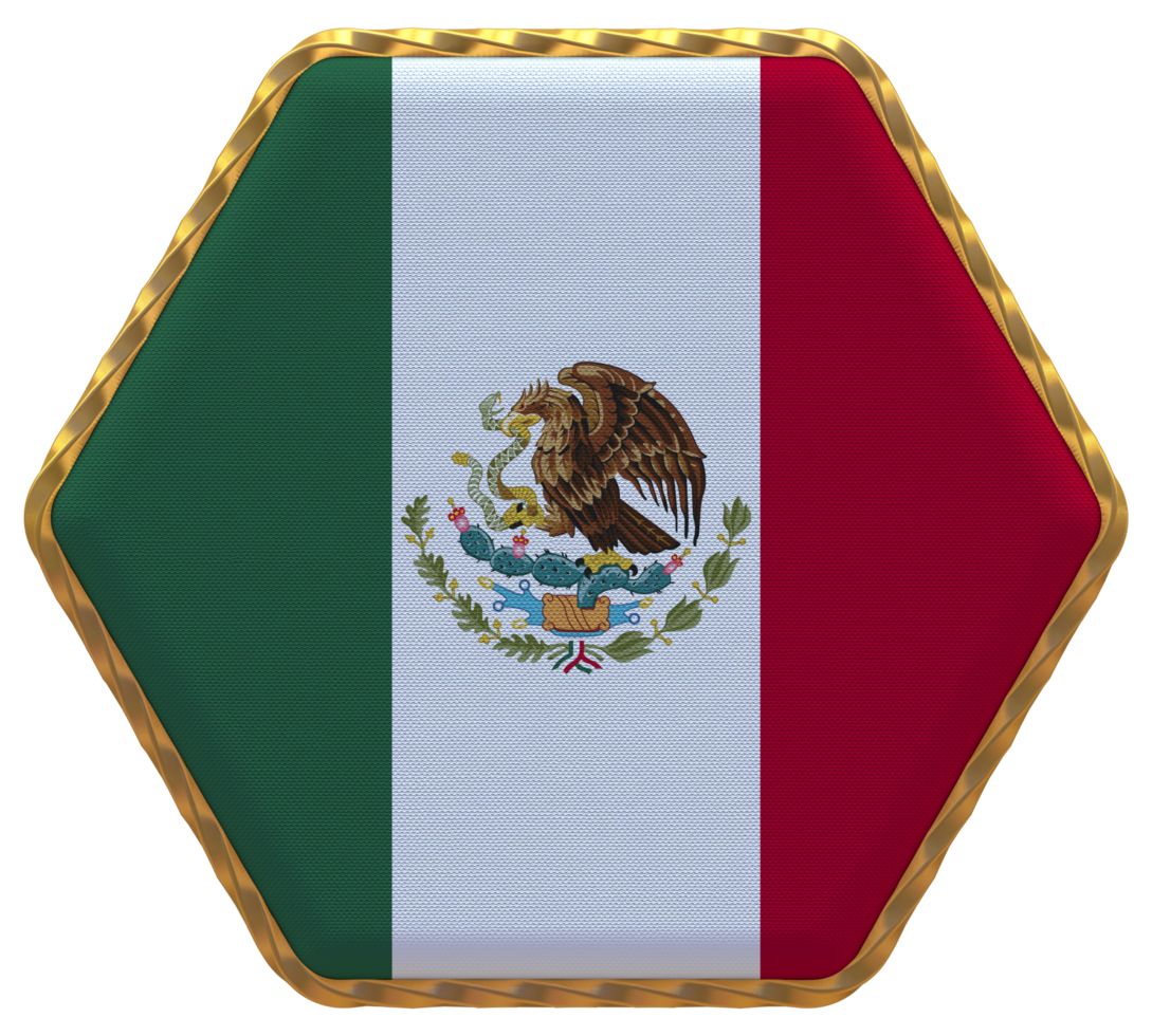 Mexico Flag in Hexagon Shape with Gold Border, Bump Texture, 3D Rendering png