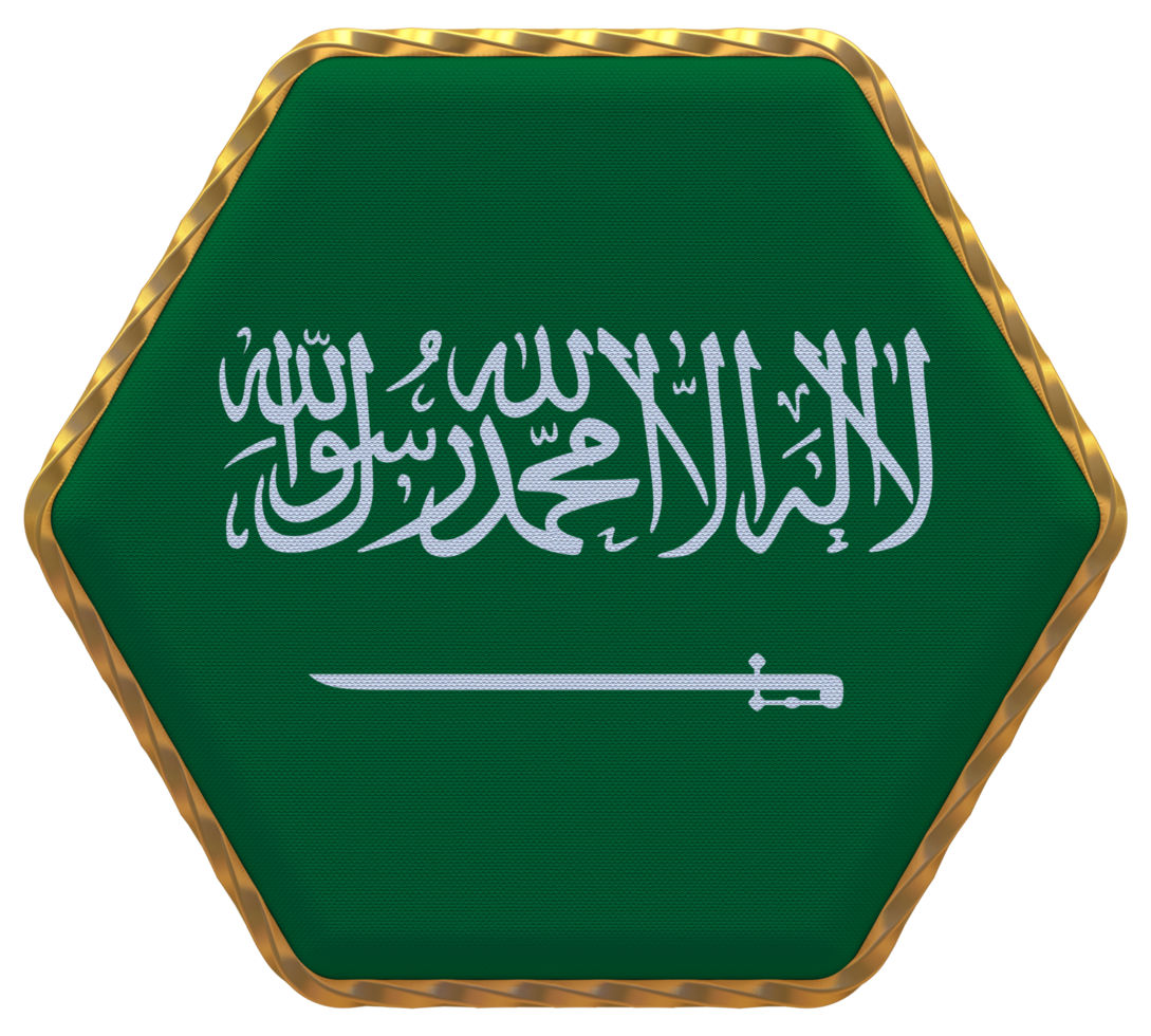 KSA, Kingdom of Saudi Arabia Flag in Hexagon Shape with Gold Border, Bump Texture, 3D Rendering png