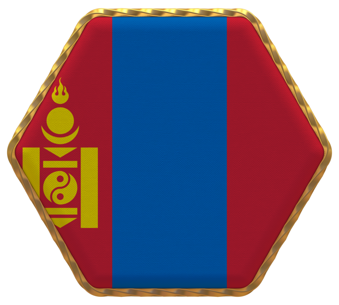 Mongolia Flag in Hexagon Shape with Gold Border, Bump Texture, 3D Rendering png