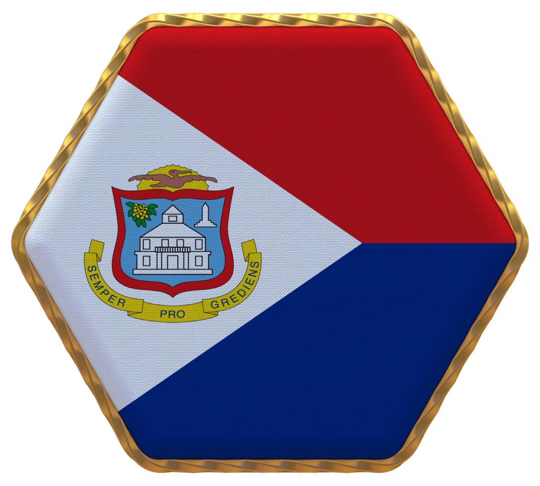 Sint Maarten Flag in Hexagon Shape with Gold Border, Bump Texture, 3D Rendering png