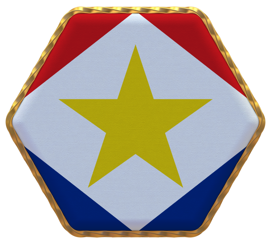 Saba Island Flag in Hexagon Shape with Gold Border, Bump Texture, 3D Rendering png