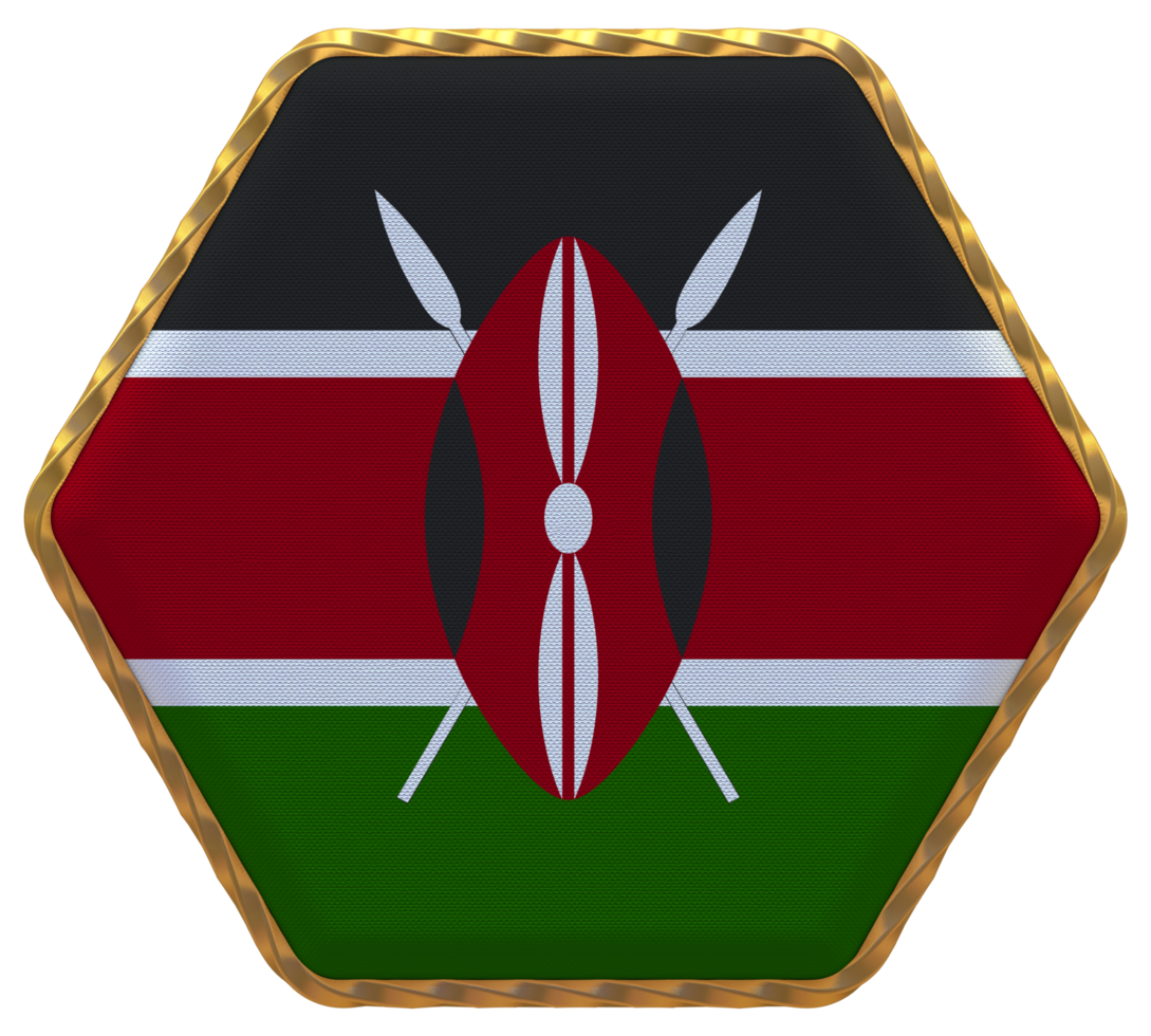 Kenya Flag in Hexagon Shape with Gold Border, Bump Texture, 3D Rendering png
