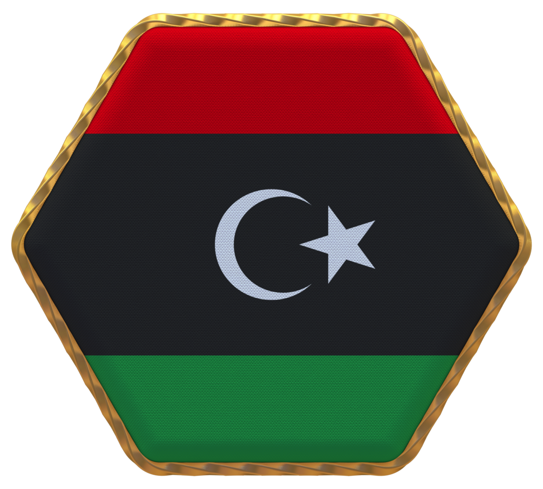 Libya Flag in Hexagon Shape with Gold Border, Bump Texture, 3D Rendering png