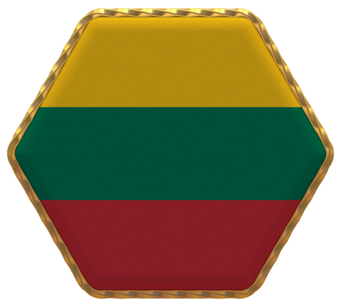 Lithuania Flag in Hexagon Shape with Gold Border, Bump Texture, 3D Rendering png