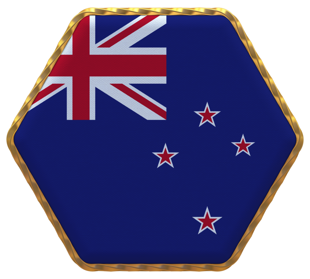 New Zealand Flag in Hexagon Shape with Gold Border, Bump Texture, 3D Rendering png
