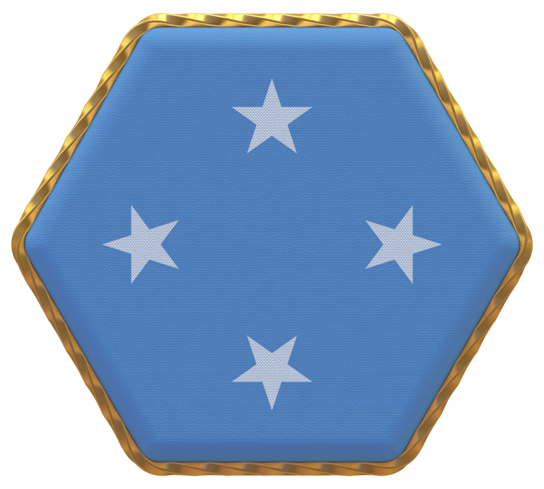 Federated States of Micronesia Flag in Hexagon Shape with Gold Border, Bump Texture, 3D Rendering png