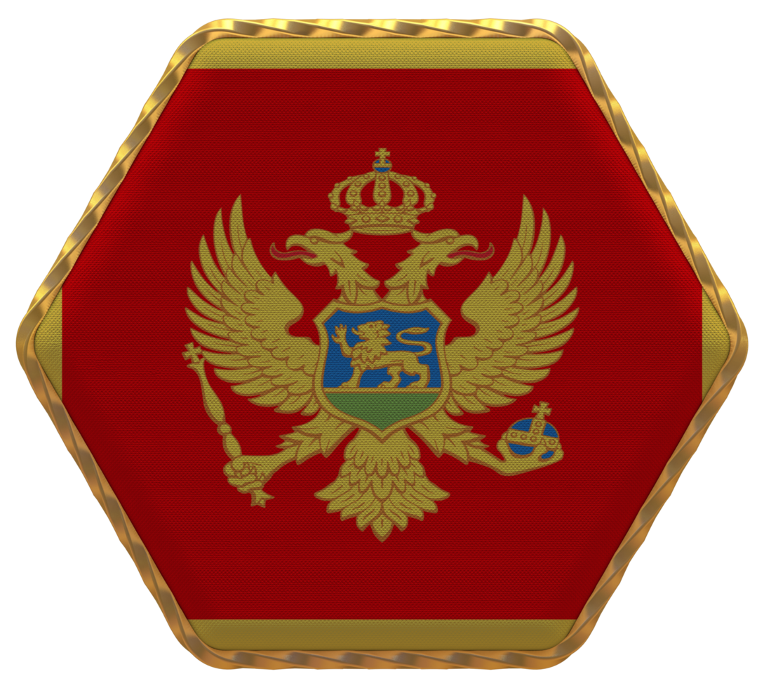 Montenegro Flag in Hexagon Shape with Gold Border, Bump Texture, 3D Rendering png