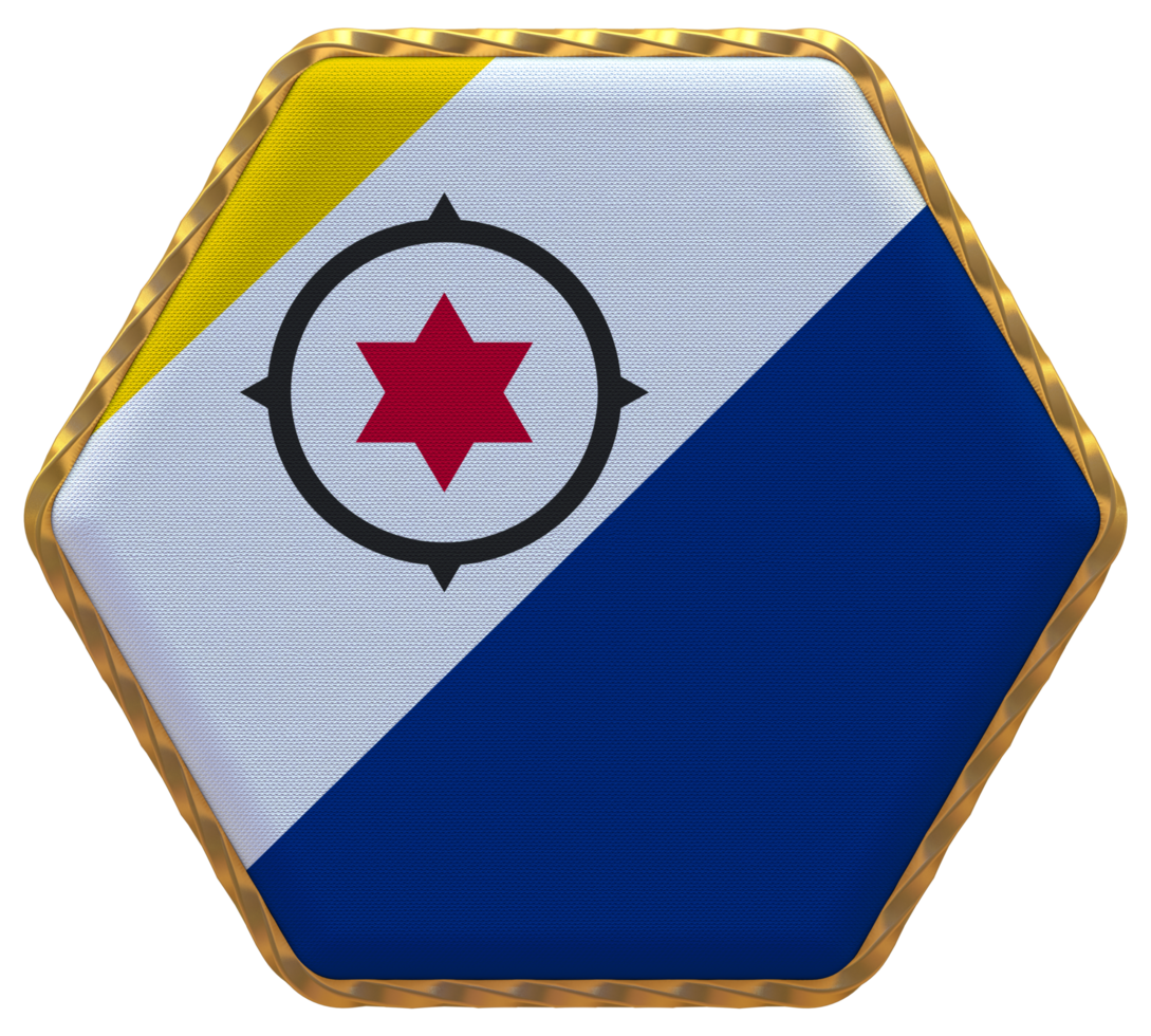 Bonaire Flag in Hexagon Shape with Gold Border, Bump Texture, 3D Rendering png